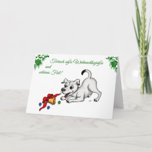 Cartão De Festividades auf Deutsch Weihnachten mit Welpe Glocke und Ball