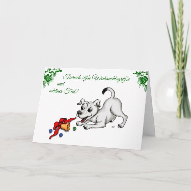 Cartão De Festividades auf Deutsch Weihnachten mit Welpe Glocke und Ball (Frente)