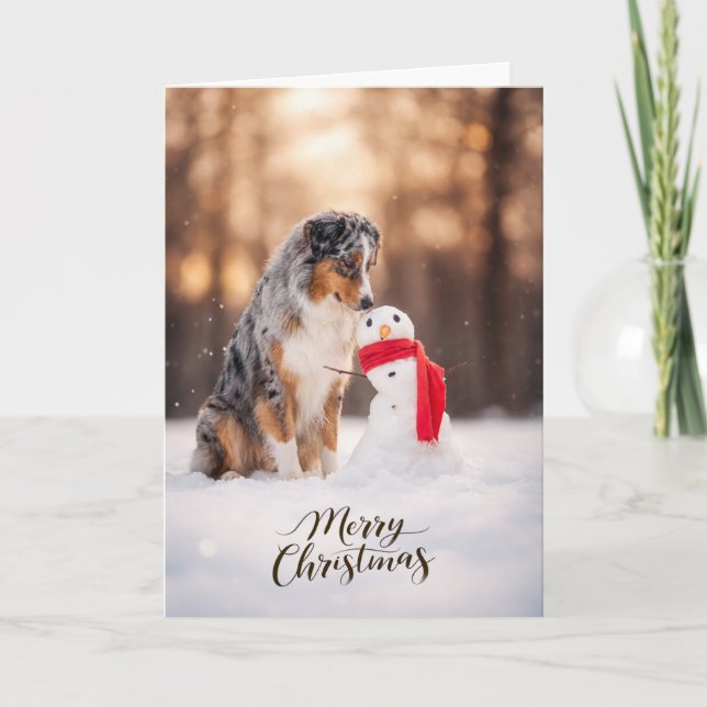 Cartão De Festividades Australian Shepherd Christmas Snowman (Frente)