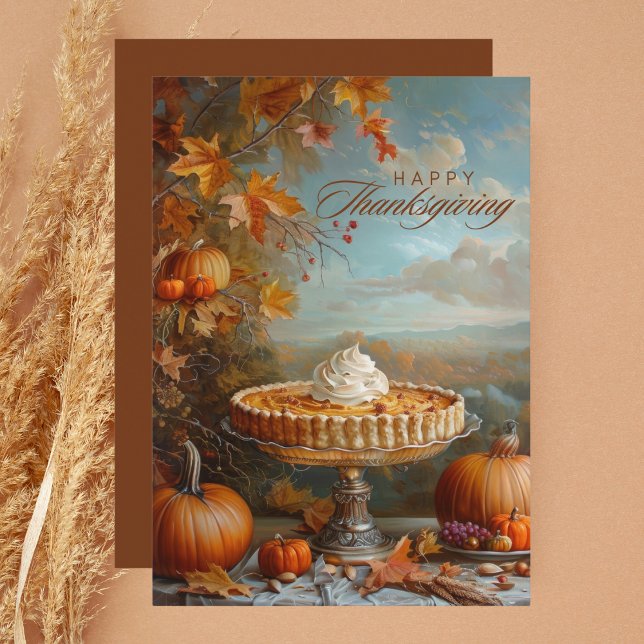 Cartão De Festividades Autumn Deixa Pumpkin Pie Feliz Ação de Graças (Criador carregado)