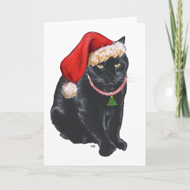 Cartão De Festividades Auxiliar de Papais noeis de Gato Negro no Natal (Frente)