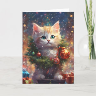 Cartão De Festividades Auxiliar do Papai Noel Gatinho Fofo Arte de Feriad
