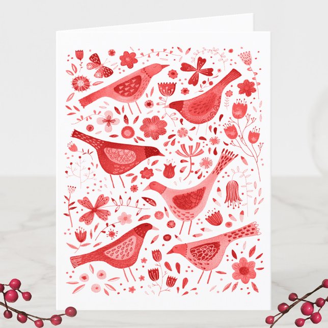 Cartão De Festividades Ave Aquarela Vermelha (Watercolor birds and flowers red and white holiday card)