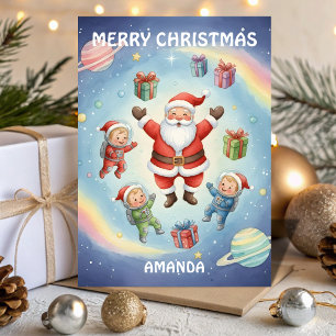 Cartão De Festividades Aventura Espacial de Natal das Crianças com Papai 