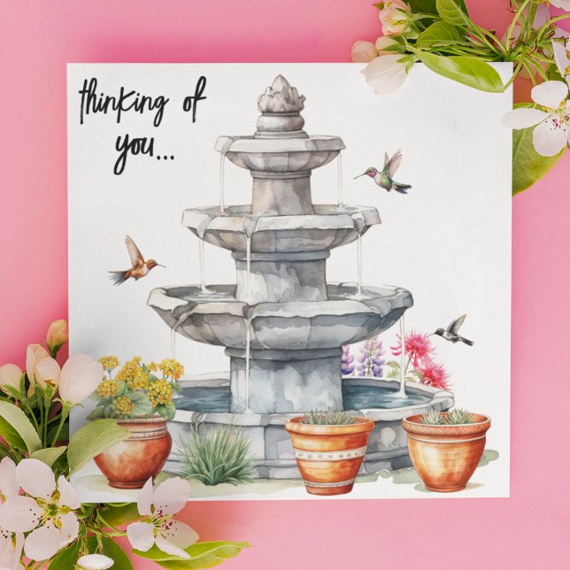 Cartão De Festividades Aves | Fonte de água | Flores (Hummingbirds in flight around a water fountain and potted plants and flowers thinking of you card. )