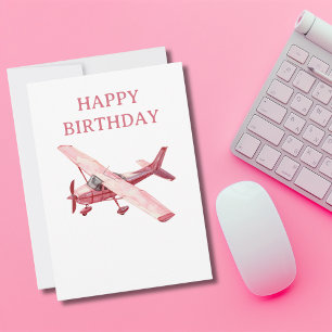 Cartão De Festividades Avião Rosa Cessna Aquarela Diversão Aniversário