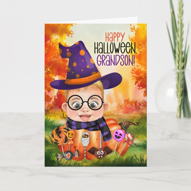 Cartão De Festividades Avô, Garotinho de Mágico Pumpkin para o Dia das Br (Frente)