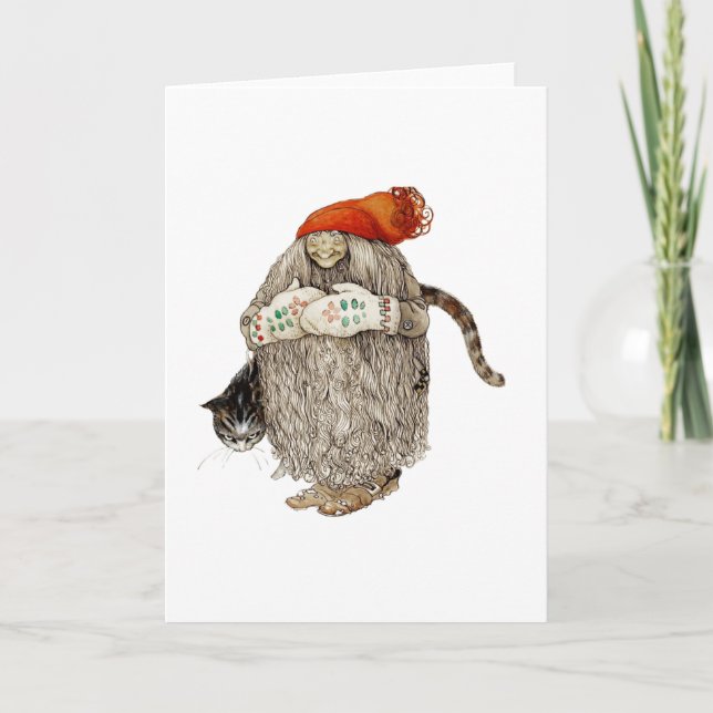 Cartão De Festividades Avó Natal Tomten com Gato de Cinza (Frente)