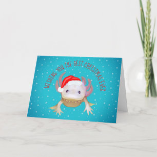 Cartão De Festividades Axolotl de Natal com Santa Hat e Luzes de Fada