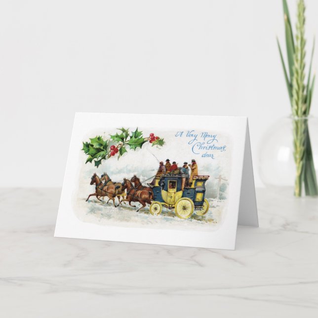 Cartão De Festividades Azevinho, cavalos e Stagecoach (Frente)