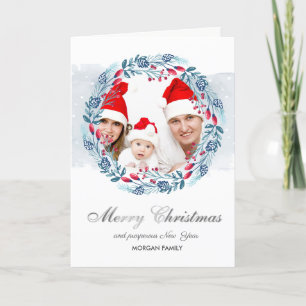 Cartão De Festividades Azevinho Coroa Azul Foto Feliz Natal