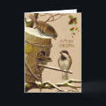 Cartão De Festividades Azevinho do Birdhouse do pardal do pássaro do<br><div class="desc">Olha como estes pássaros estão pronto para a época natalícia. Este impressão do natal vintage descreve os pardais que penduram para fora em torno de um birdhouse. O azevinho está pendurando da árvore. Neve por todo o lado no birdhouse.</div>
