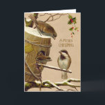 Cartão De Festividades Azevinho do Birdhouse do pardal do pássaro do<br><div class="desc">Olha como estes pássaros estão pronto para a época natalícia. Este impressão do natal vintage descreve os pardais que penduram para fora em torno de um birdhouse. O azevinho está pendurando da árvore. Neve por todo o lado no birdhouse.</div>