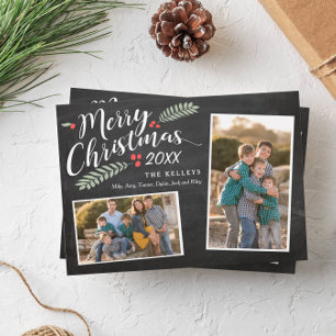 Cartão De Festividades Azevinho e Bagas Feliz Natal Duas Fotos