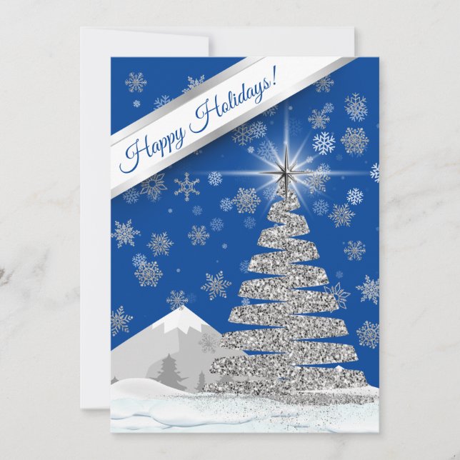 Cartão De Festividades Azul com Foto da Árvore de Natal Prateada (Frente)