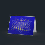Cartão De Festividades Azul de Hanukkah Menorah<br><div class="desc">Lit Menorah no ouro e azul no fundo azul escuro com estrela de David.</div>