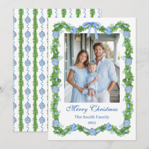 Cartão De Festividades Azul e Branco Chinoiserie Grinalda Grandmillenial