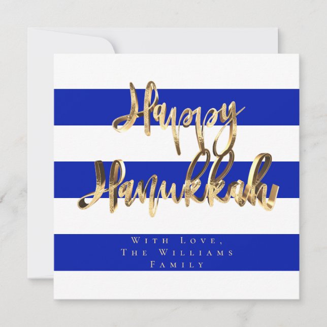 Cartão De Festividades Azul e Branco Elegante Roteiro Feliz Hanukkah (Frente)