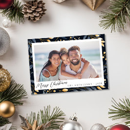 Cartão De Festividades Azul Elegante E Dourado Natal Deixa Foto