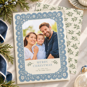 Cartão De Festividades Azul Empoeirado Renda Floral Família Foto Natal