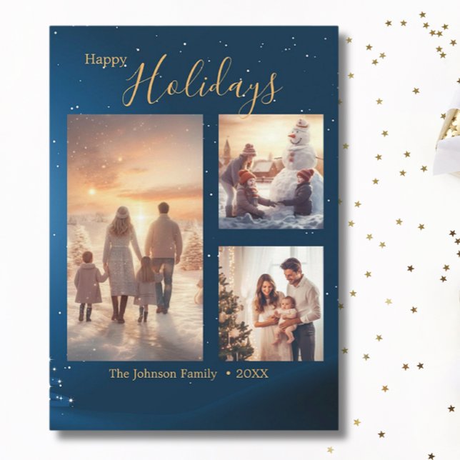 Cartão De Festividades Azul Festivo 3 Foto Colagem Moderna Natal (Criador carregado)