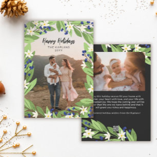 Cartão De Festividades Azul Floral Framboesas Verdura Quadro Felicidades