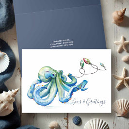 Cartão De Festividades Azul Octopus Watercolor Beach Christmas