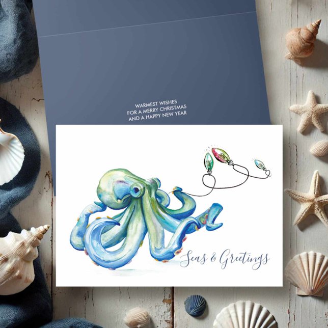 Cartão De Festividades Azul Octopus Watercolor Beach Christmas (Beach Christmas cards watercolor blue octopus and holiday lights by Victoria Grigaliunas)