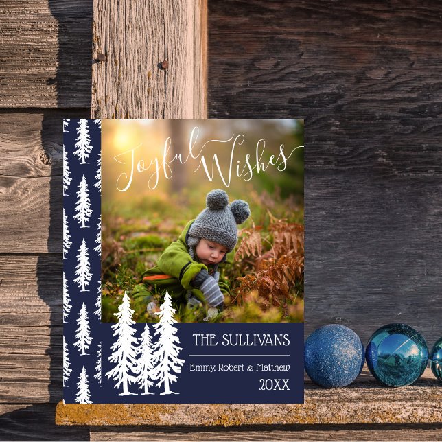 Cartão De Festividades Azul | Pinheiros Brancos Desejos alegres (Criador carregado)