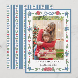 Cartão De Festividades Azul Vermelho Nórdico Folclórico Quadro Foto Feliz