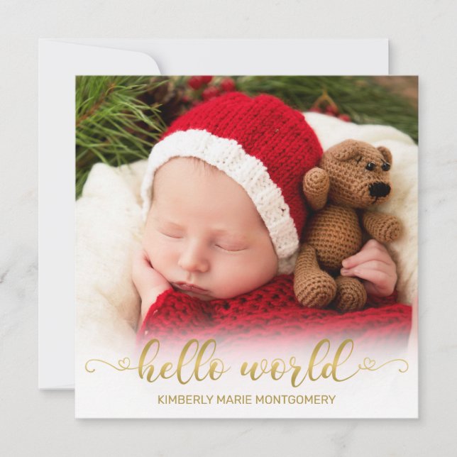 Cartão De Festividades Baby Birth Hello World Dourado Script com Foto de  (Frente)