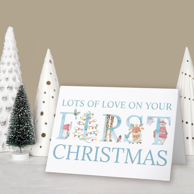 Cartão De Festividades Baby Boy First Christmas — Bichos Cónicos Personal (Baby Boy 1st Christmas Card. Buy professionally printed or as a printable digital download.)