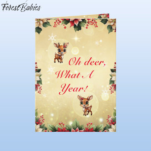 Cartão De Festividades Baby Deer, Fawn, Doe, Reindeer Floral 🦌 🎄 Dourad