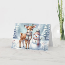 Cartão De Festividades Baby Deer with Snowman Christmas Holiday Card