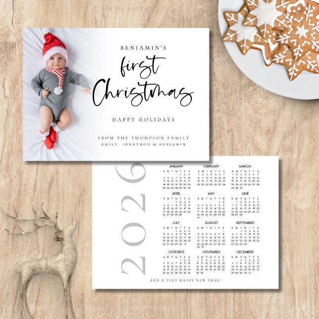 Cartão De Festividades Baby First Christmas Photo 2026 Calendar (Front and back view)