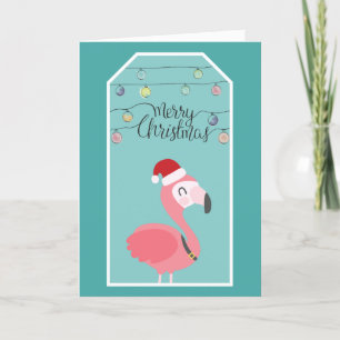 Cartão De Festividades Baby flamingo com chapéu de Santa e luzes de nata