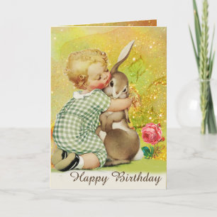 Cartão De Festividades BABY HUGGING RABBIT,Rosas Rosa,Aniversário Amarelo