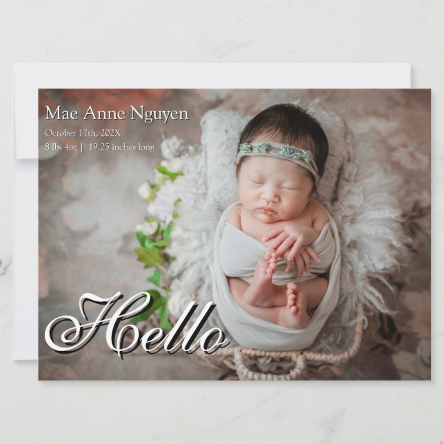 Cartão De Festividades Baby Photo Modern Birth Announcement White (Frente)