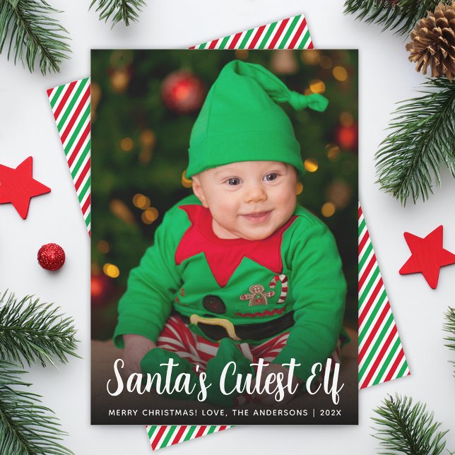 Cartão De Festividades Baby Photo Santa's Cutest Elf Script Fun Christmas (Criador carregado)