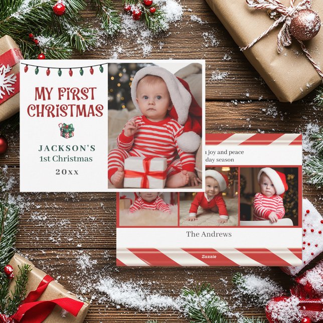 Cartão De Festividades Baby's 1st Christmas Red Green Candy Cane Photo ("My first Christmas" baby's 1st Christmas photo card)