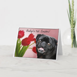 Cartão De Festividades Baby's 1st Easter Black pug dog card