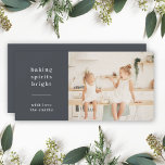 Cartão De Festividades Baking Spirits Bright | Modern Stylish Kids Photo<br><div class="desc">Stylish modern holiday baking photo flat greeting card with a classic typography quote "baking spirits bright" with a dividing line and family name in white. The design features a bluish black charcoal gray color. The photo, greeting and name can be easily customized for a design as unique as your special...</div>