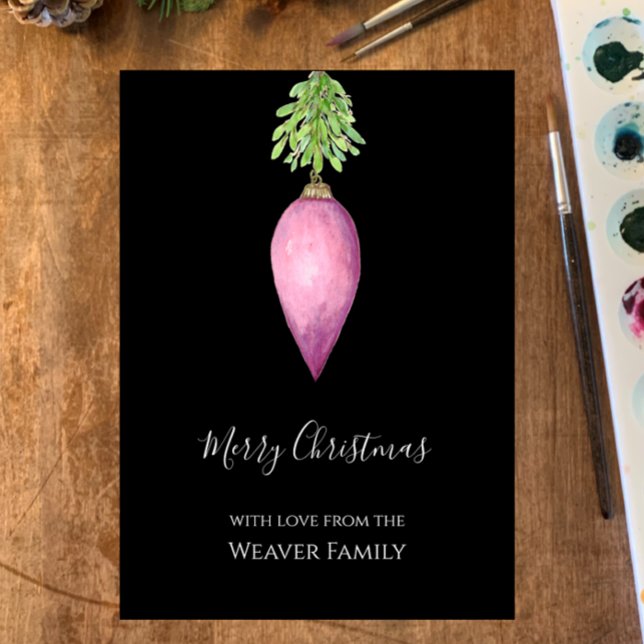 Cartão De Festividades Balança de Natal Rosa-Rosa Pintado com Aquarela Pi (Custom Christmas Card, elegant simple pink hand painted watercolor with greenery. Modern script
)