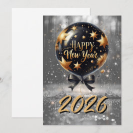 Cartão De Festividades Balão de Ano Novo com Brilho Dourado com 2026 Glow