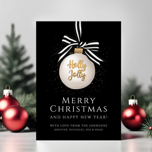 Cartão De Festividades Baleado Dourado de Natal Elegante (Elegant Black Gold Christmas Bauble Holiday Card)