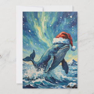 Cartão De Festividades Baleia Vintage com Chapéu de Papai Noel sob as Luz