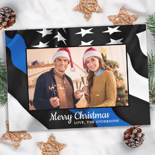 Cartão De Festividades Bandeira Americana da Linha Azul Thin de Natal da