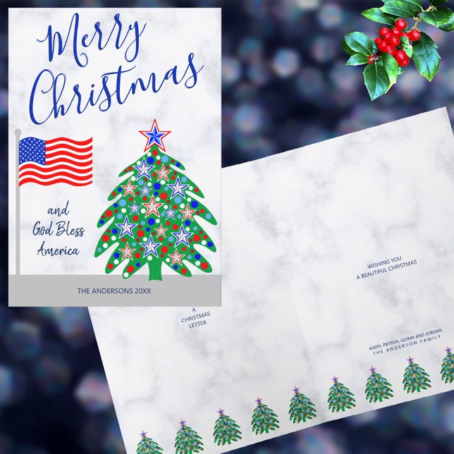 Cartão De Festividades Bandeira Americana de Árvore de Natal Patriótica (Celebrate Christmas and America with these patriotic Christmas greeting cards)