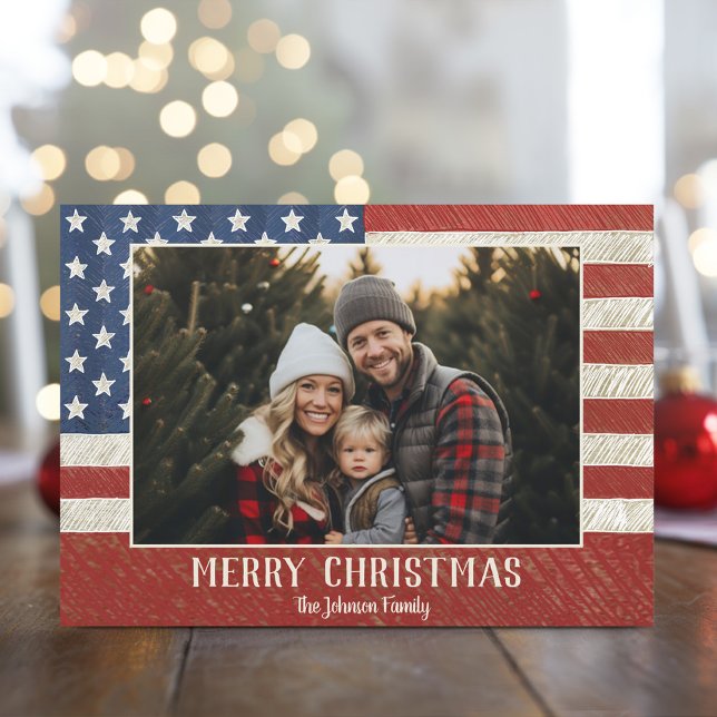 Cartão De Festividades Bandeira Americana do Natal Patriótico 1 (Christmas Photo Card with a USA Military Patriotic Theme)