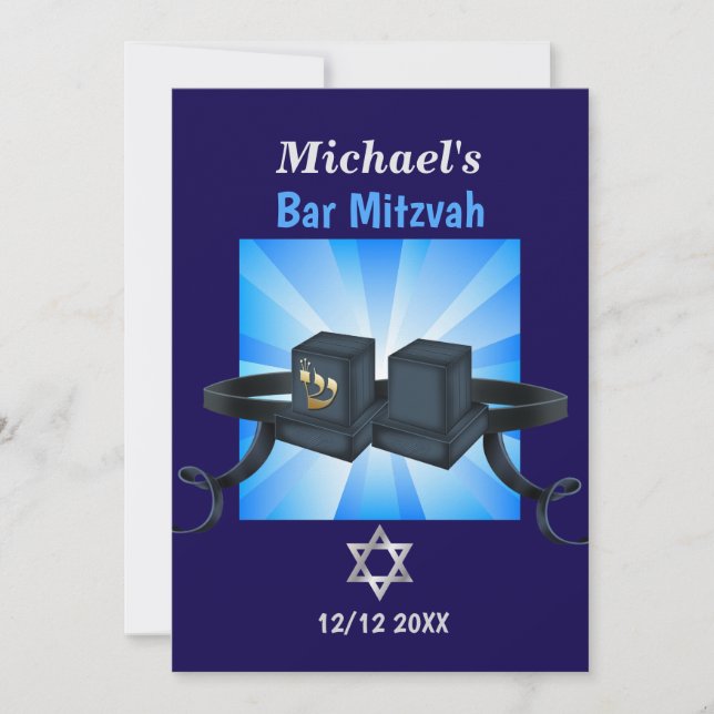 Cartão De Festividades Bar Feliz Mitzvah 20XX Tefillin Blue Personalizado (Frente)